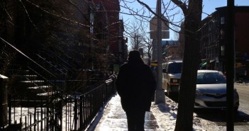 Walking on 7th Avenue Sidewalk in Winter with Snow